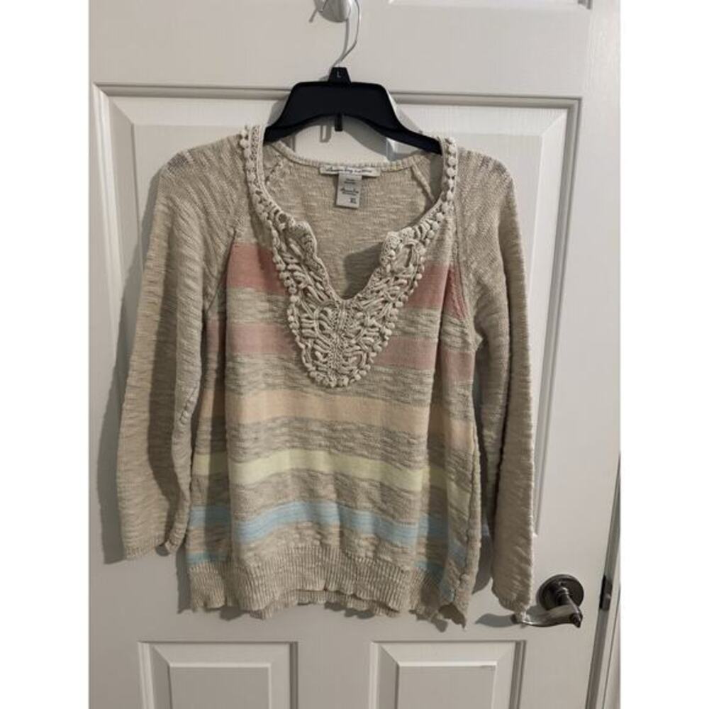 American Rag Cie Women's Striped Crochet Cottage Core Sweater Pink Blue XL
